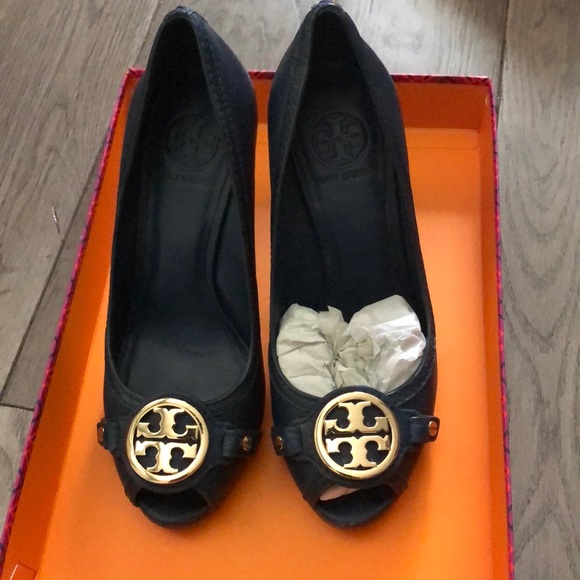 Tory Burch Shoes - Tory Burch Newport navy wedge.
